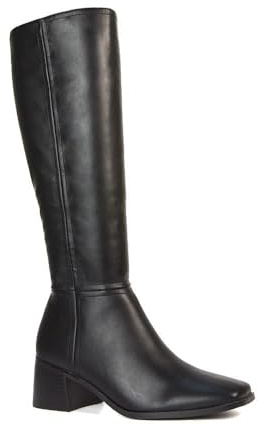 ESSEX GLAM Women's Square Toe Knee High Boots Low Heel Ladies Black Synthetic Leather Zip Calf Long Booties Size 3-8