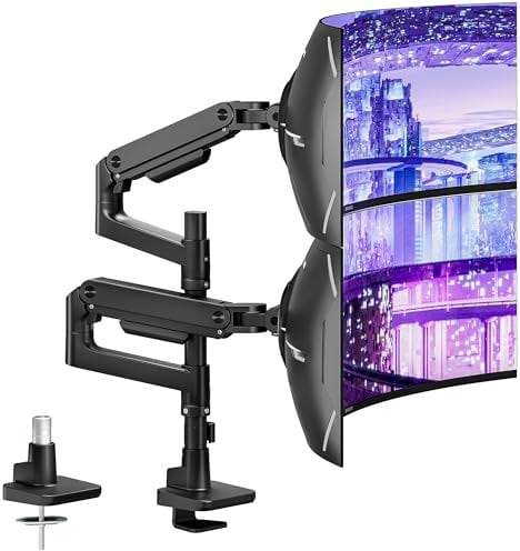 ARES WING Monitor Mount 2 Monitors on One Another for 17-49 Inch Flat & Curved Screens, Monitor Arm 2 Monitors with Gas Spring, Height Adjustable, Tilting Swivel, Max 20 kg/arm, Black
