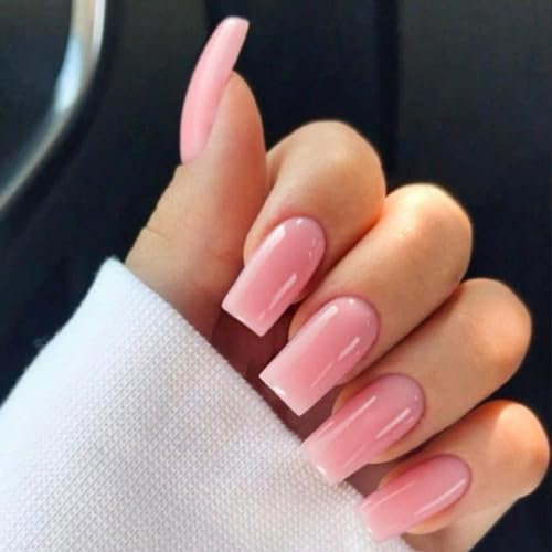 SXVME Dark Pink Press on Nails Long Square, Rose Pink False Nails Medium Coffin, Glossy Gel Fake Nails Press on, Sheer Gel Stick on Nail for Women, 24 Pcs