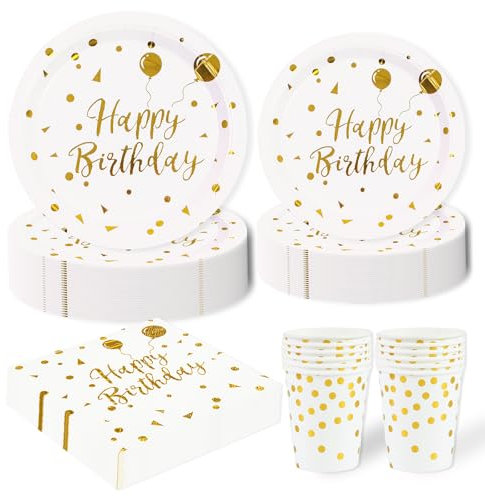 96 Stück Geburtstag Party Geschirr Set,Happy Birthday Weiß Gold Geburtstag Party Geschirr Becher Serviette Pappteller Set,für Mädchen Kinder Tischdekoration-24 Gäste
