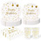 96 Stück Geburtstag Party Geschirr Set,Happy Birthday Weiß Gold Geburtstag Party Geschirr Becher Serviette Pappteller Set,für Mädchen Kinder Tischdekoration-24 Gäste