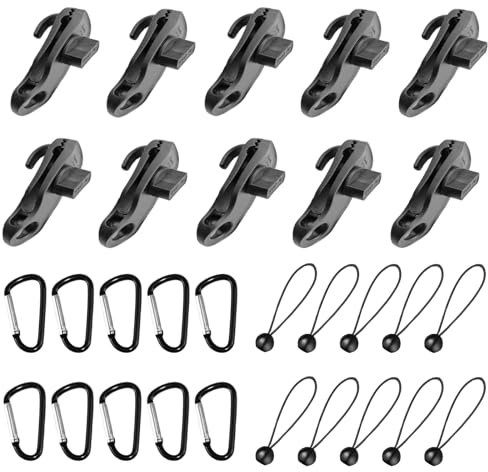 Jortmrd 30 Stück Tarp Clips Set, Zeltplane Clips Planenbefestigung, 10 Planenclips+10 Zelt Bungees Schnüre + 10 Karabiner Clips, Heavy Duty Tarp Clips für Zelte, Picknick, Camping Im Freien