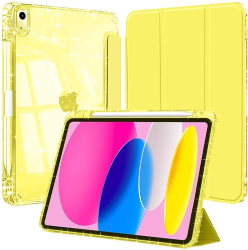 Funda para iPad(A16) 11ª Gen 2025 11 Pulgadas/iPad 10ª Gen 2022 con Soporte para Portalápiz, Funda Antichoque con Carcasa Trasera Transparente Brillante, Amarillo