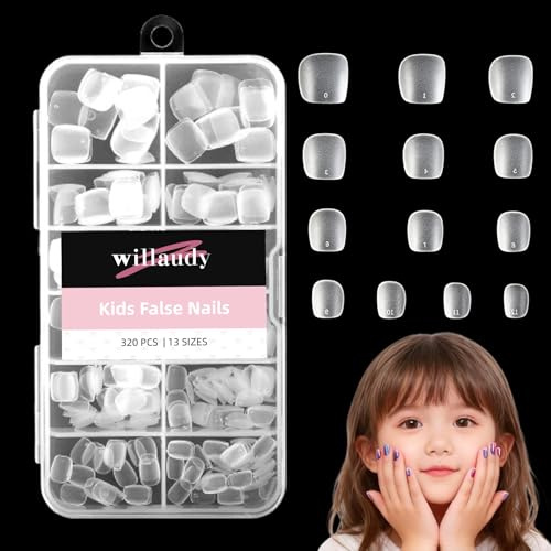 320 Pcs 13 Sizes Short Clear Press on Nails for Kids Acrylic Fake Nails for Girls Full Cover Kids Nails Set Matte Nail Tips