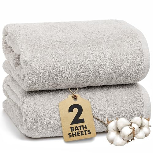 Bath Sheets - Extra Large Bathroom Sheet Set – 550 GSM Pack of 2 Jumbo Towels Light Grey (90x180cm) – 100% Ring Spun Cotton Soft Quick Dry Large Bath Towels for Adults Hotel Spa Bathroom Use