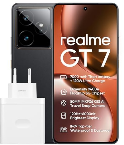 realme GT7 5G Smartphone, 12 GB+256 GB, Densità 9400e Flagship 5G Chipset, 7000 mAh batteria, 120 W di carica, 50MP IMX906 OIS della macchina fotografica, 120 Hz 6000nit Display, IP69, Nero rr