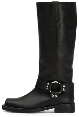 ZJGZF Women's Knee High Riding Boots Black Leather Studds Biker Boot Square Toe Block Chunky Heel Slip on Tall Motorcycle Boots Wide Mid Calf Booties Cute Comfortable Winter Shoes