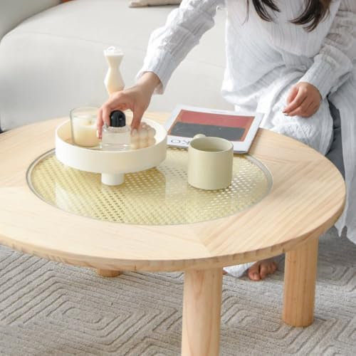 Cagnolier Mesa de centro redonda de madera maciza de pino con cristal de seguridad y aspecto de ratán, 3 tamaños (diámetro 40/60/80 cm), diseño natural, mesa auxiliar, mesa auxiliar de madera para