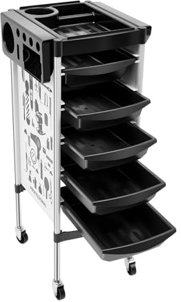 JJsdwin Friseurwagen Rollwagen, Bedienungswagen mit 5 Schubladen und Rollen, Hairdresser Trolley für Friseursalons und Nagelsalons(Schwarz, Grau, Weiß)