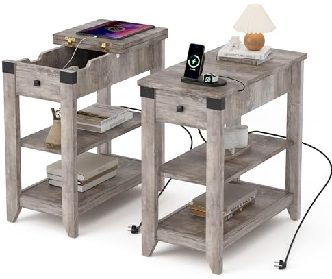 BonVache Nachttisch 2er Set, Sofatisch klein, Beistelltisch mit Ladefunktion, Schmal Couchtisch mit Ablage, Schubladen, Nachtschrank für Wohnzimmer, Schlafzimmer, Grau