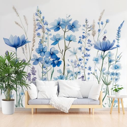 Générique Papier Peint Intissé Fleurs D'Hibiscus et De Lavande 365x254cm(L x H) Papier Peint Panoramique Tableaux Muraux Tapisserie Photo Décoration Murale Salon Chambre - Fleurs Aquarelle Bleu