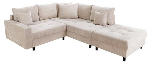 Wohnlandschaft KENT - 220cm - champagner beige - Chenille Cremona | 8 Kissen inklusive, Ottomane links oder rechts montierbar, Rundum-Bezug, pflegeleicht