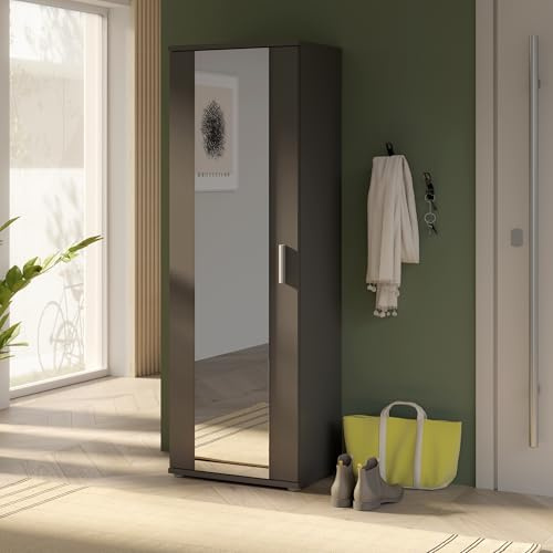Forte NET106 Schuhschrank 50, schmaler Flurschrank mit 6 Einlegeböden und Spiegelfront, Flur, Diele, Holzwerkstoff, Uni Wolfram Grau, 50,2 cm breit x 179,1 cm hoch x 34,8 cm tief