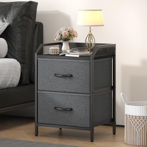 Feonase Bedside Table, Bedroom Bedside Cabinet with 2 Fabric Drawers, Nightstand Side Table for Bedrooms, Living Rooms (Deep Gray)