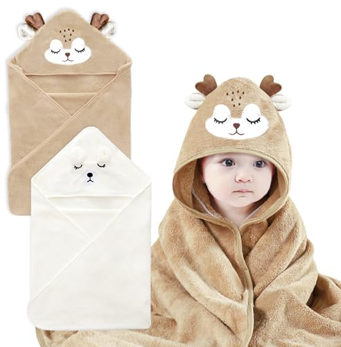 YJSDDNTY 2pcs Cape de Bain Bébé à Capuche, 80 x 80 cm bébé Serviette Housse,Cape de Bain à Capuche, Bain Bébé avec Design Animal Le Style du Faon(Blanc Kaki)