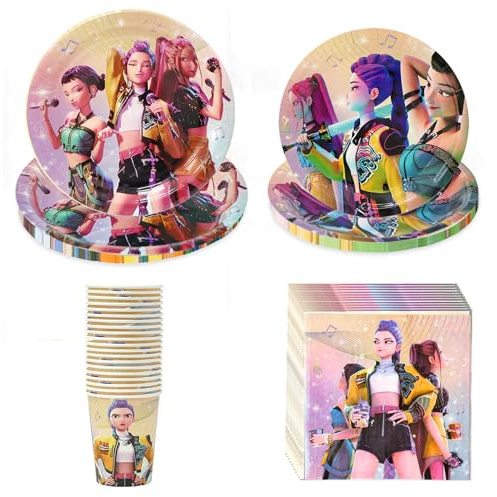 Freyauga Huntrix Partygeschirr Set, 80 Stück Pappgeschirr für 20 Personen mit Pappteller Servietten, Bunte Große & Kleine Papier Teller, Cool Geburstag Party Geschirrset Tischdeko Zubehör für Mädchen