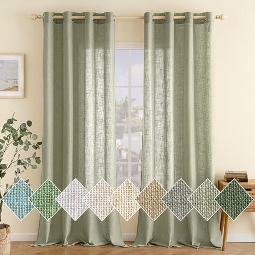 EMEMA Leinenvorhang Gardinen Vorhänge mit Ösen Salbei Grün 2er H245xB140cm | 2er Set Leinenvorhang mit Ösen Halbtransparent für Wohnzimmer Dekoschal Kinderzimmer Schlaufenschal Küchengardinen 140x245cm