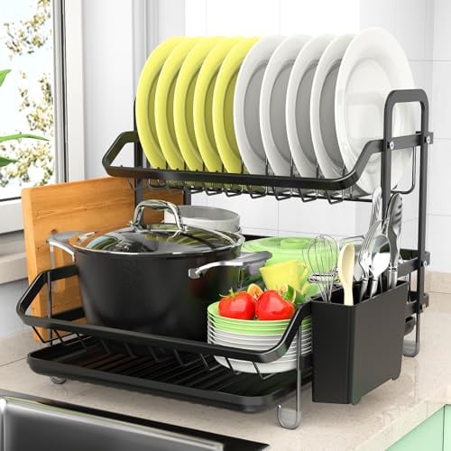 2 Niveles Escurridor de Platos, Estante de Escurreplatos Cocina Organizador | con Soporte para Utensilios, Ahorra Espacio, Gran Organizador para Platos Tazones Escurridor de Fregadero Negro