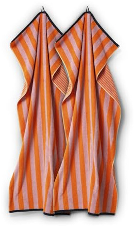 herzbach home Duschtuch Good Vibes 2er-Set 70 x 140 cm | Große, weiche & saugstarke Duschhandtücher im gestreiften Design | 100% feinste Baumwolle (Mandarin/Rosa)