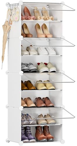 HOMICKER Zapatero de 8 Niveles, Zapatero Alto y Estrecho con Puerta, Zapatero de plástico Blanco Cerrado, Estrecho y Alto para Pasillo, Dormitorio, Entrada