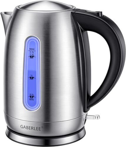 GABERLEE Electric Kettle, 1.7L 3000W Fast Boil Quiet Stainless Steel Kettle | Blue LED, Removable Anti-scale Filter, Water Window, One-Touch Lid, Auto Shut-off, Easy Clean, BPA-free for Tea & Hot Water