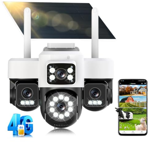 4G Camera di sorveglianza esterna senza fili,AOV 24/7,Quattro obiettivi/Camera solare/Batteria,4K telecamere di sorveglianza con scheda SIM,Visione vocturna,Allarme,Audio bidirezionale,Monitoraggio