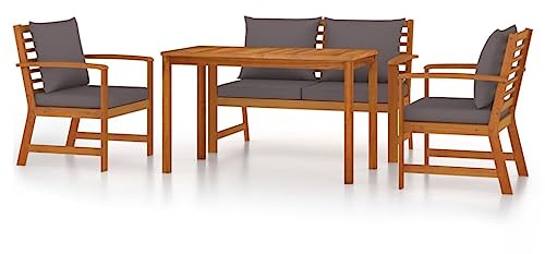 QJBSAVVA 4-TLG. Garten-Essgruppe mit Kissen, Sitzgruppe aus Akazienholz Massiv, Holz-Gartengarnitur wetterfest mit Tisch, Bank und 2 Gartenstühlen, Balkonmöbel Set für Terrasse und Garten