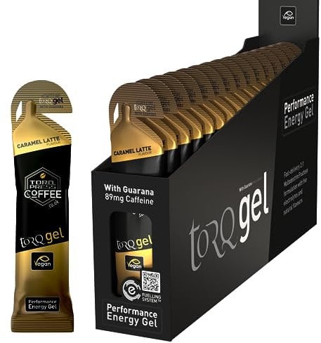 Torq Energy Gels - Caramel Latte (With Guarana) Pack of 15 - Ultimate On The Go Quick Release Energy - 30g of Carbohydrates - Running/Cycling/Sports Gels - 5 Key Electrolytes - Natural & Vegan