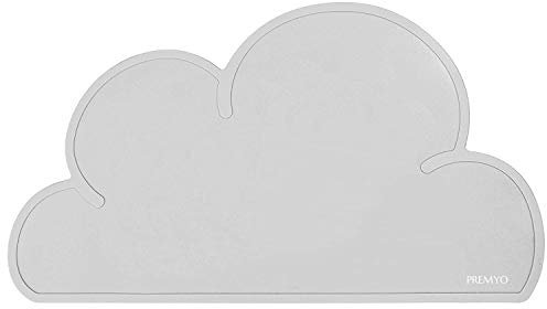 PREMYO Tischset Kinder Platzset Abwischbar - Platzdeckchen Baby aus Silikon - rutschfest Wasserdicht Wolke Grau