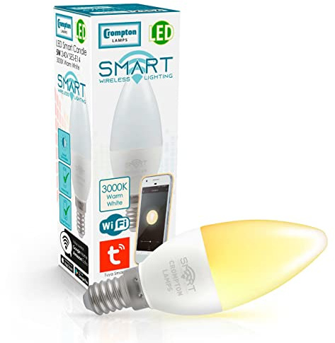 Crompton Lamps LED Smart WiFi Candle 5W SES-E14 Dimmable (40W Equivalent) 3000K Warm White Opal 470lm SES Small Screw E14 TUYA Google Home Light Bulb