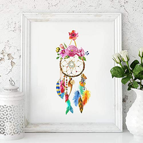 N / A Dekorative Drucke aus Leinwand Dreamcatcher Feder Blume Aquarell Kunst Leinwand MalereiDrucke Dream Catcher Bild Schlafzimmer Wandkunst Dekor24x32inch(60x80cm)