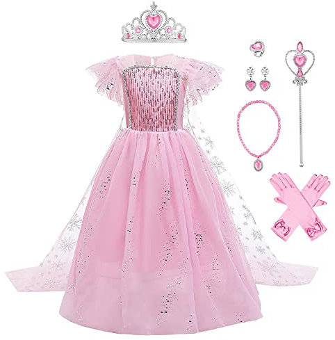 IBTOM CASTLE Robe de Princesse Enfants Filles Anna Elsa Reine Déguisement Glace Neiges Costume et Accessoires Cosplay Conte de Fée Robe de Cérémonie Soirée Halloween Rose 5-6 Ans