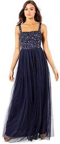 Maya Deluxe Damen Maya Deluxe Women's Evening Maxi for Wedding Wide Straps Sequin Embellishment Prom Bridesmaid Dress, Navy, 44 EU