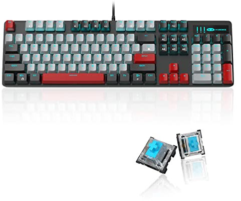 MageGee Tastiera meccanica da gioco, nuova tastiera retroilluminata blu a 104 tasti con interruttori blu, tastiera meccanica con cavo USB per computer portatile, desktop, giocatori PC (nero e grigio)