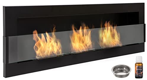 Nice-House Biokamin mit Glas 120x40cm 1200x400mm Bio Ethanol Kamin zum direkten Aufhängen an die Wand oder zur Montage in eine Wandöffnung Biokamin in Mattschwarz