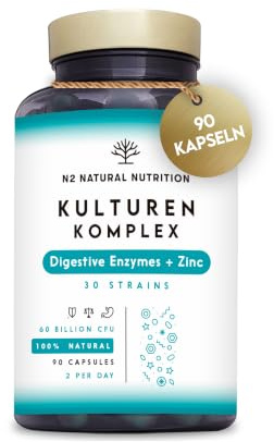 Probioticos y Prebioticos Intestinales con 30 Cepas Bacterianas, Enzymas Digestivas y Zinc. Mejora las Digestiones y el Tránsito Intestinal. Equilibra la Microbiota. 90 Capsulas. N2 Natural Nutrition