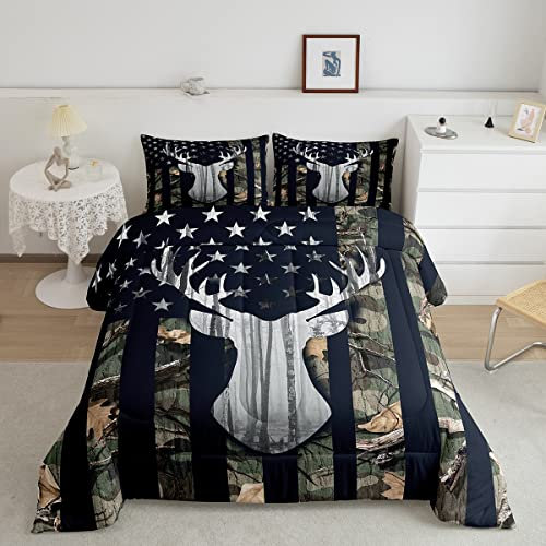 Camouflage-Bettwäsche-Set mit amerikanischer Flagge, volle Größe, grauer Hirsch und Bäume, natürlicher Stil, Steppdecken-Set mit 2 Kissenbezügen, 3-teilig, Camouflage, Bettwäsche-Set für Kinderzimmer