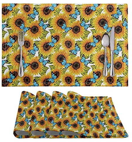 Tovagliette Americana Girasole Farfalla Blu Tovagliette Colazione PVC Tovagliette Americana Plastica Lavabili Antiscivolo Sottopiatti Resistente Al Calore Sotto Piatti Da Tavola 30x45cm 8 Pcs