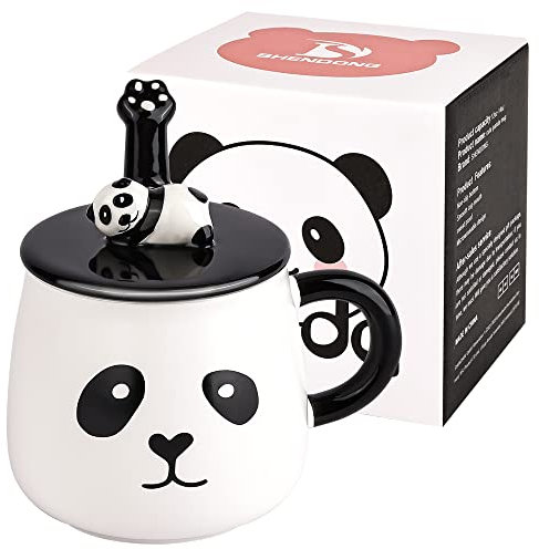SHENDONG Panda Mug Cute Ceramic Coffee Mug with 3D Panda Lid and Spoon Panda Coffee Mug Cup Novelty Coffee Tea Milk Mug Gifts for Panda Lovers Women Friends Kids Girls Mom Wife