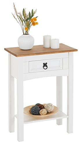 Konsolentisch Campo im Mexiko Stil, Kleiner Beistelltisch aus massiver Kiefer mit 1 Schublade, Anrichte in weiß/braun