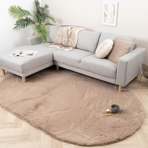 FRAAI | Home & Living Hochflor Teppich Oval - Comfy Supreme Taupe - Einfarbig - Modern, Skandinavisch - Wohnzimmer, Schlafzimmer - Fellteppich - Carpet