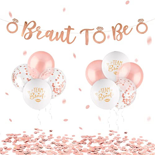 JGA Deko Set Rosegold Braut to be Girlande Papier Banner mit 9 Pcs Latex Luftballons (12 Zoll) und 10g Runde Konfetti Streudeko Bachelorette Partydeko Junggesellinnenabschied Frauen usw.