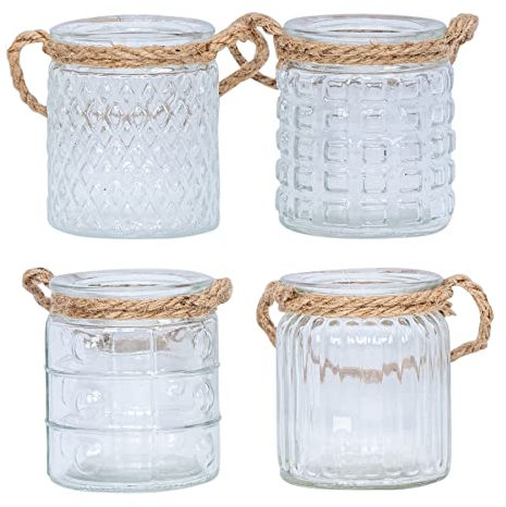 4er Set Windlicht H10cm Glas Klar Transparent Teelichthalter Tischdeko Kerzen Deko Retro Kerzenhalter Flachs