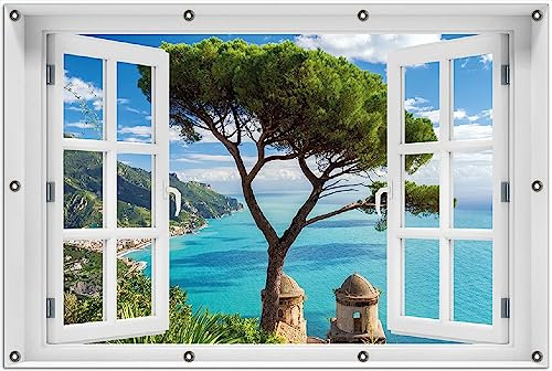 Wallario Outdoor-Poster für Garten oder Balkon Italienische Küste, Motivbanner Größe: ca. 100 x 150 cm mit Fenster-Illusion