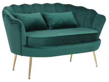 Stunning Chairs Scalloped Velvet Love Seat Sofa Chair with Gold Metal Feet - Elegant 2 Seater Shell Chair for Bedroom, Small 2 Seater Sofa for Living Room, Modern Mini Couch - Emerald Green DAISY