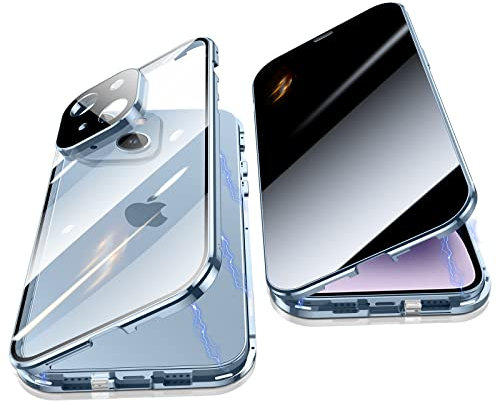Jonwelsy Anti Peeping Hülle für iPhone 14 (6.1), 360 Grad Schutz Case, Privatsphäre Gehärtetes Glas Anti-Spähen Cover, Stark Magnetische Adsorption Metallrahmen Handyhülle für iPhone 14 (Blau)