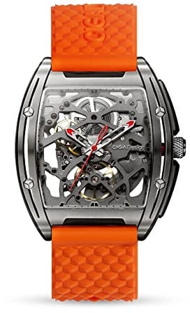 CIGA Design Automatik Uhr Herren - Z Serie Titan Armbanduhr Tonneau Mechanische Skelettuhr Edelstahl Saphirglas mit Leder- und Silikonarmband(Orange)