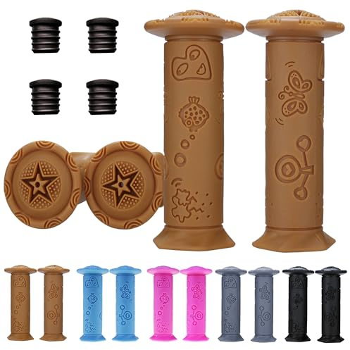 Kids Bike Grips 4PCS - Eco-Friendly TPE Handlebar Grips for Children's Bikes/Tricycles/Balance Bikes, Non-Slip Cartoon Design, 4.11 Short Grips (Ages 4-9) Brown