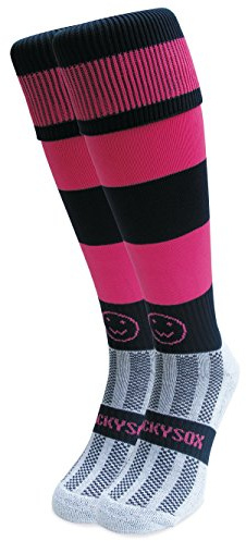 WackySox - Navy Blue and Pink Hoop Rugby Socks, Sports Socks for Men and Women, Mens Work Socks, Mens Socks, Perfect Socks for Riding, Football, Running, Hockey and other Sports Activities