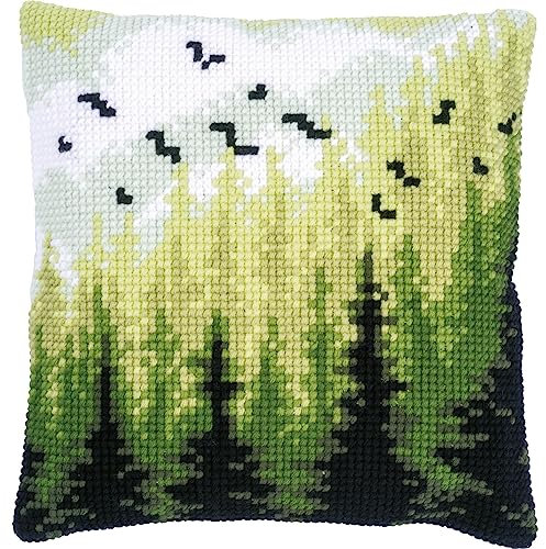 Vervaco Kreuzstich Stickpackungen Kissen Stickerei Set Anfänger Vorgedruckt Wald DIY Set Kreativ Set Für Erwachsene Dekoratives Kissen ca. 40 x 40 cm Bastelset Handwerker Haus Dekoration